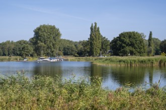 Boat harbour on the Achterwasser, Koserow, Usedom Island, Baltic Sea, Mecklenburg-Western