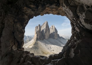 View from war tunnel, via ferrata to the Paternkofel, north walls of the Three Peaks, Sesto