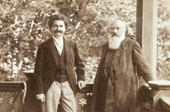 Johann Baptist Strauss II together with Johannes Brahms, 1894, by R._Krziwanek, digitally edited