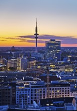 City view from above with the Heinrich Hertz Tower at atmospheric sunset, Hamburg, Germany