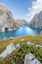 Turquoise mountain lake Kol Suu with rocky steep mountains, Kol Suu Lake, Sary Beles Mountains,