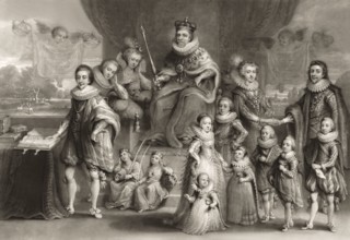James VI and I, James Charles Stuart, 1566 – 1625, King of England, with his family and his Royal