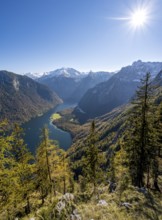 Panoramic view of the Königssee from the Archenkanzel viewpoint, autumnal forest and snow-capped