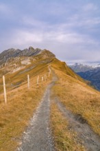 Narrow hiking trail on a remote mountain ridge, Planplatten, Switzerland