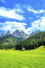Surrounded by lush meadows and forests, st. Magdalena church sits in val di funes with the odle