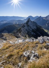 View at the summit of the Große Arnspitze, mountain panorama with Leutasch valley and