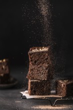 Composition of little stack of tasty sweet brownie cuts with powder on black background