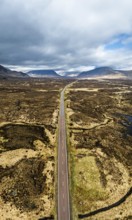 Panorama of Moors and Road A82 over Glencoe Valley from a drone, Highland, Scotland, United Kingdom