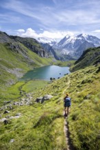 Hiker, mountain lake Lac de Louvie with glaciated summit of the Grand Combin, Val de Bagnes,