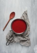 Tomato sauce with pepper and spices, Satsebeli, Georgian cuisine, red sauce, top view, homemade, no