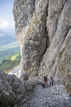 Two mountaineers with helmets climbing on a rock face, ascent to the Ackerlspitze, Wilder Kaiser,