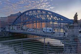 The Kornhausbrücke over the Zollkanal in front of Hamburg's Speicherstadt. Hamburg, Germany