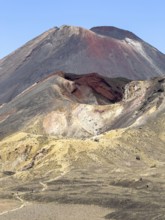 On the hiking trail of the Tongariro Alpine Crossing in Tongariro National Park with a view of the