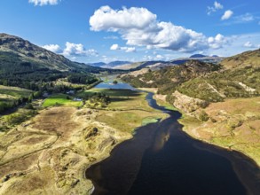 Mountains over Loch Iubhair from a drone, Crianlarich, Highlands, Scotland, United Kingdom