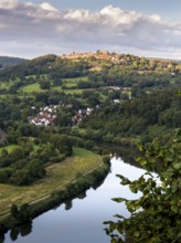 View of the historic Dilsberg castle fortress and the Neckar river in the Neckartal-Odenwald nature