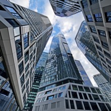 Frog's-eye view of the skyscrapers in the banking district, Four Frankfurt, Frankfurt am Main,