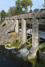 An old lock structure with concrete and masonry over which water flows, surrounded by trees,