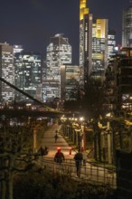 Skyline of the city centre of Frankfurt am Main, cycle and footpath, promenade, along the river