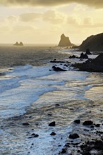 Beach of Playa de Benijo at high tide with the rock Roques de Anaga in the light of the rising sun,