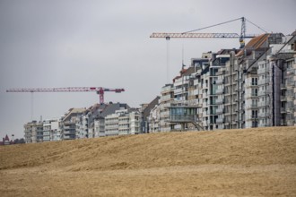 The skyline of Knokke-Heist, on the North Sea beach, dreary winter day, mostly apartment buildings