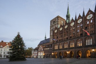 Stralsund medieval town hall, display façade at the Old Market Square, to the left the St. Nicholas