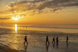 Mudflat hiker at sunset, family, 5 persons, mudflats, North Sea, East Frisia, Norddeich, Lower