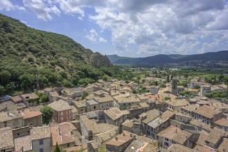 View of the village from the conglomerate rocks Les Pénitents, Les Mées, Alpes-de-Haute-Provence,