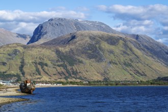 Corpach Wreck or Old Boat of Caol and Nevis Range Mountains, Caol Beach, Corpach, Fort William,
