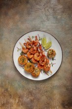 Tiger prawns on skewers, shrimp kebab, with corn, fried, homemade, no people