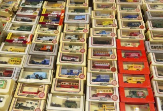 Displayed boxed of Lledo models old collectible vehicles, UK