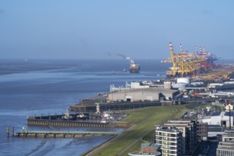 Container harbour on the Weser, view from the observation deck of the Sail-City skyscraper,