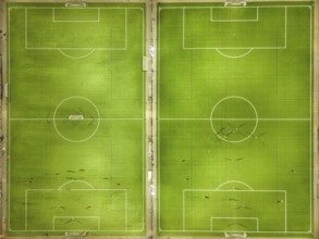 Two symmetrical football pitches from a bird's eye view with scattered players on the green pitch