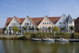 Gabled houses on the castle island, Peenestrom, Wolgast, Usedom Island, Mecklenburg-Western