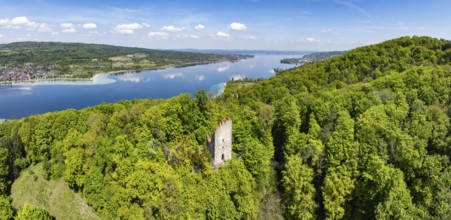 Aerial view, panorama of the Neuburg ruins, historical sight above Lake Constance, Untersee, Lake