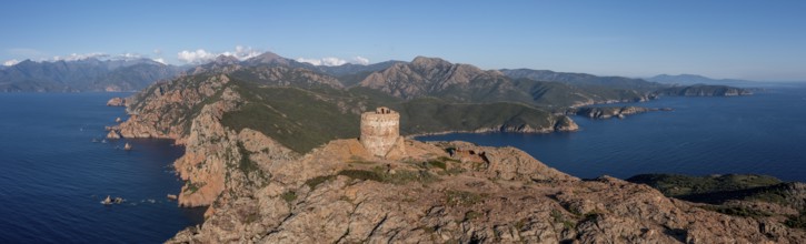 Aerial view, panorama, Genoese tower, stone tower, Torra di Turghju, Capo Rosso, Gulf of Porto,