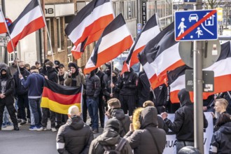 The neo-Nazi group Jung und Stark, JS, demonstrates in the city centre of Essen, demanding the