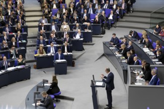 Friedrich Merz (CDU) speaks in the direction of the AfD parliamentary group during a Bundestag