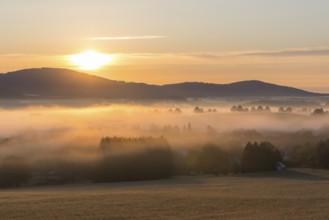Oberlausitzer Bergland with fog in the morning light, view from Callenberg, Schirgiswalde-Kirschau,