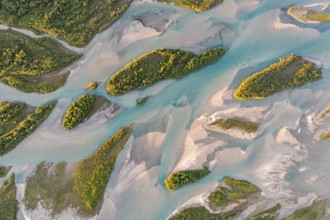 Aerial view, river delta with islands, river Glomåga, Mo i Rana, Norway