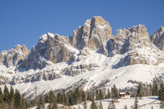 Beautiful landscape of the Mountain silhouettes of the Sexten Dolomites on a sunny winter day,