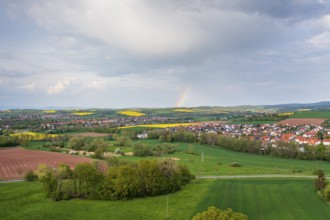 Aerial view with rainbow, city view of Duderstadt, in the foreground the district Gerblingerode,