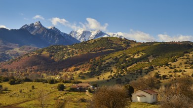 Autumn landscape with houses in front of snow-covered mountains and bright sky, autumn leaves,