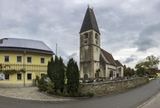 Drone image, view of the village with parish church, Oftering, Hausruckviertel, Upper Austria,
