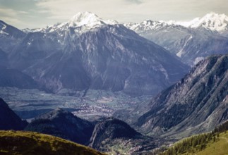 View from Belalp of snow-covered mountains to the Breithorn above Brig, Bernese Alps, Switzerland,