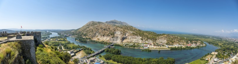 Panoramic of the river from the walls of Rozafa Castle and its citadel in the city of Shkoder.
