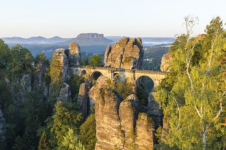 Panoramic view of the Bastei with Neurathen Castle and Wehlgrund, Lilienstein in the background,