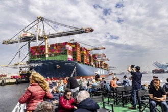 Container ship TIHAMA from Hapag Lloyd. With a length of 400 metres, the ULCV is one of the largest