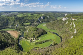 Aerial view, panorama of the upper Danube valley, Sigmaringen district, Baden-Württemberg, Germany