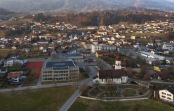 Drone image, residential buildings, settlement area, parish church, Thuringia, Großes Walsertal,