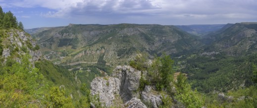 Panoramic view right mountain village Montbrun, mountain hike Les Moines, Gorges du Tarn Causses,
